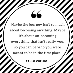 A circular quote graphic with black and white diagonal stripes, featuring a Paulo Coelho quote about un-becoming what you're not to discover your true self—perfect for New Year wishes for you.