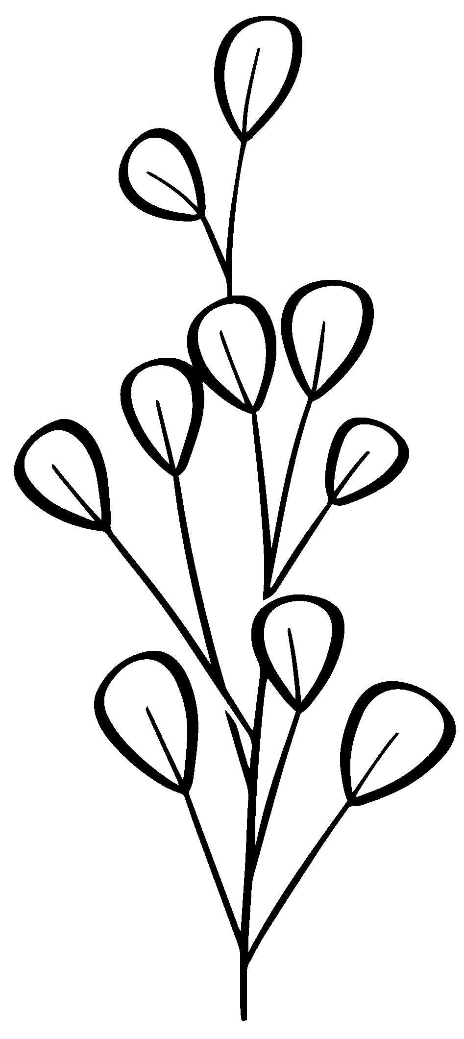 Black line drawing of a simple plant stem with teardrop-shaped leaves, inspired by Minh-Hai, Seattle Dietitian, on a white background.